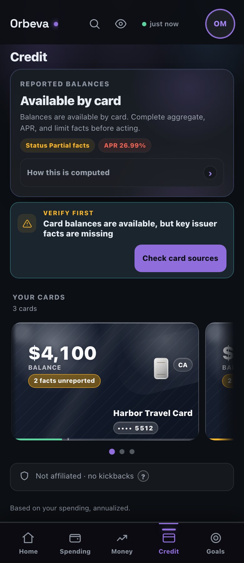 Orbeva Credit showing reported card balances and clearly labelled missing issuer facts with demo data