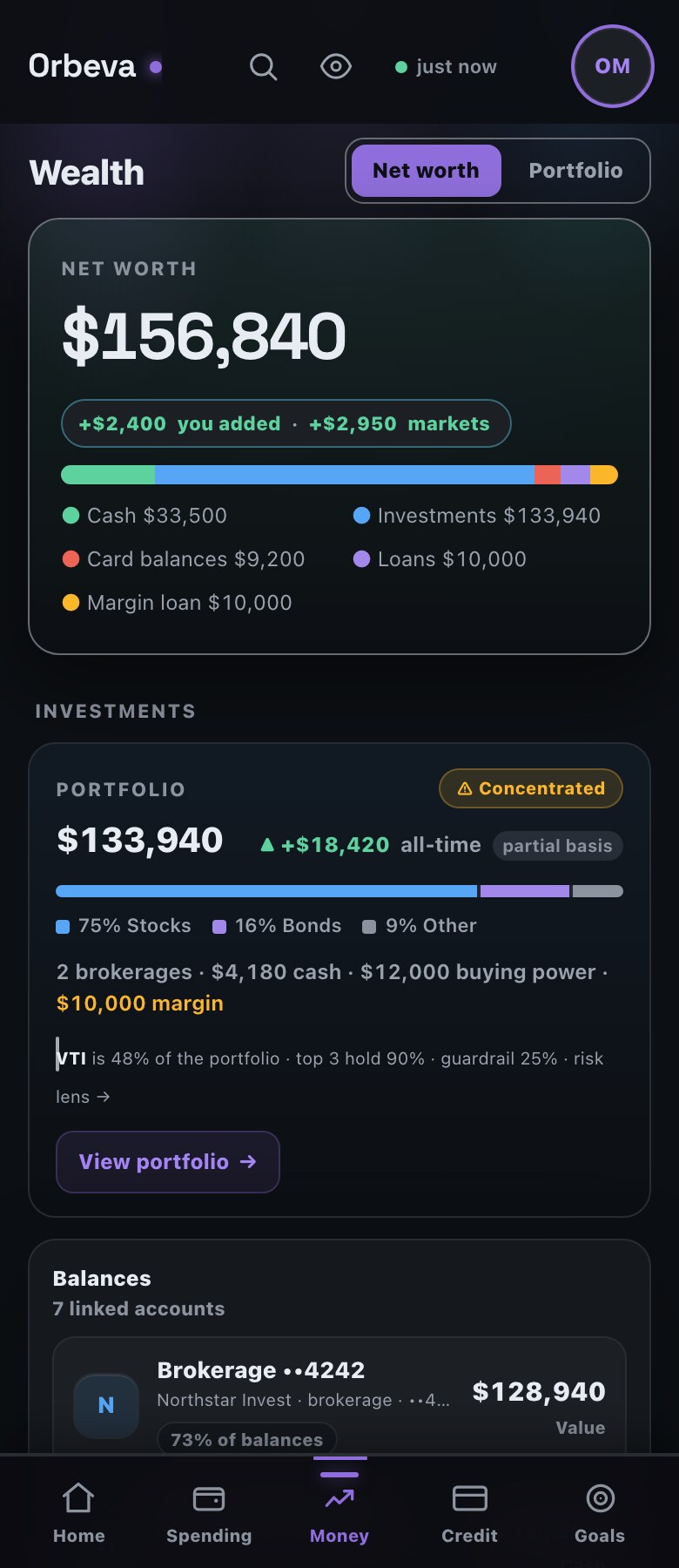 Orbeva Money showing net worth, portfolio composition, linked balances, and history with demo data